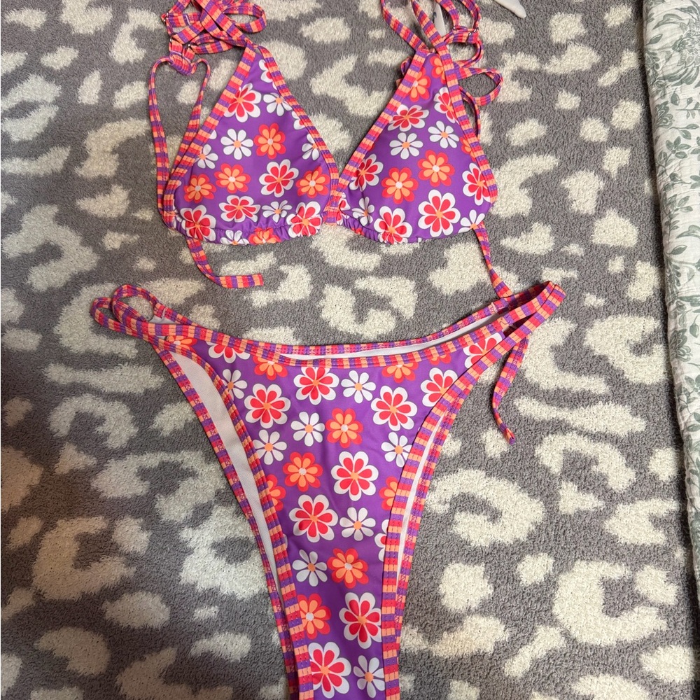 Floral Bikini Set with Pink and Purple Design